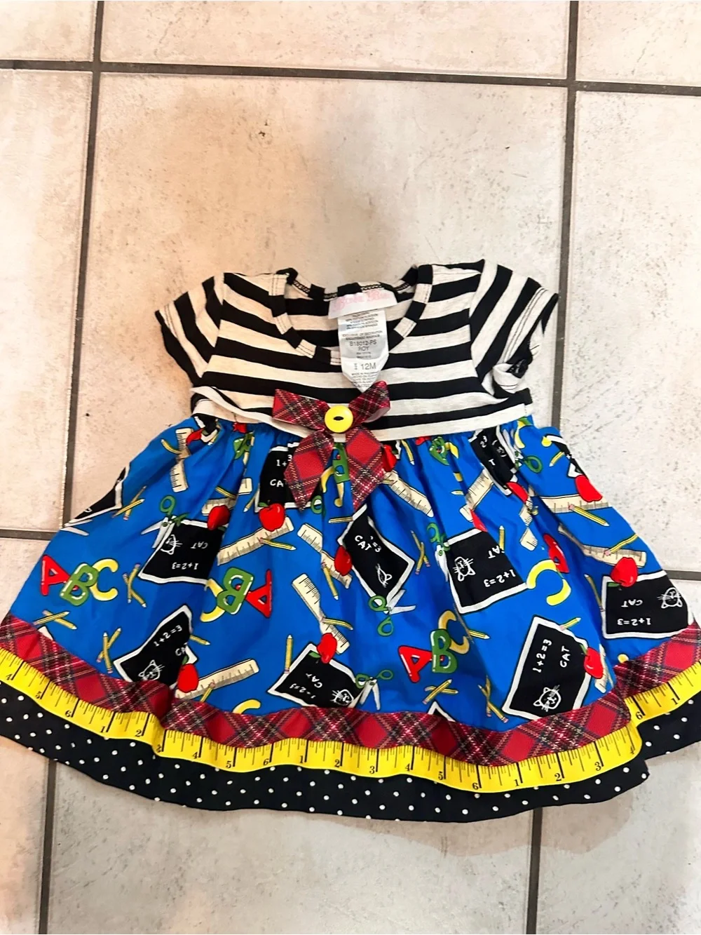 Bonnie Baby 12 M Girls Striped Top School-Themed Blue Skirt Dress Back to School